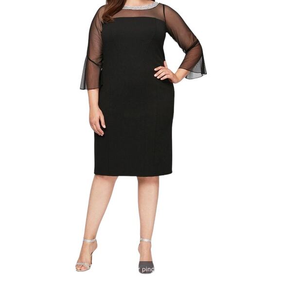 Alex Evenings dress beaded illusion neckline cocktail black size 18W - Picture 1 of 7